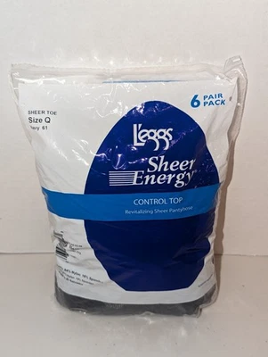 6 pares de pernas L'eggs tamanho Q controle de energia transparente biqueira transparente azul marinho NOS - Imagem 1 de 4