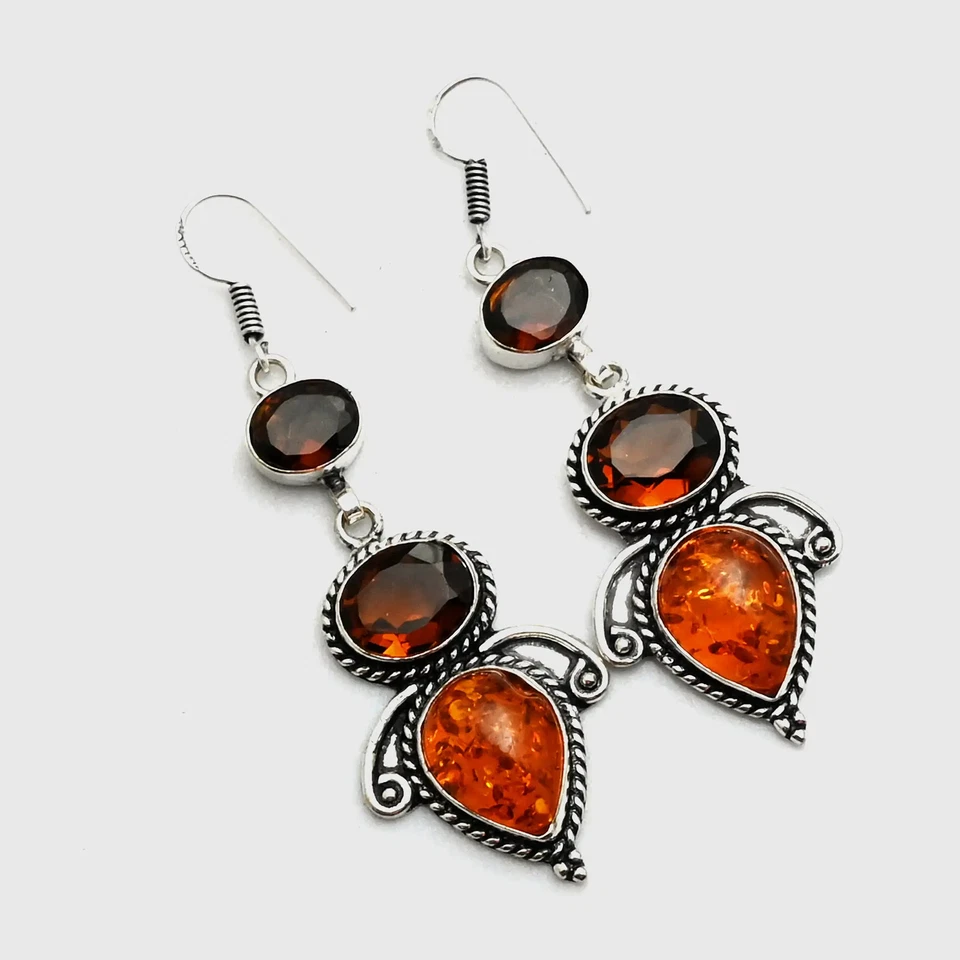 Pendientes colgantes ámbar honye citrino piedras preciosas hechos a mano joyería 1,8" AE-12027 Foto 1 de 1