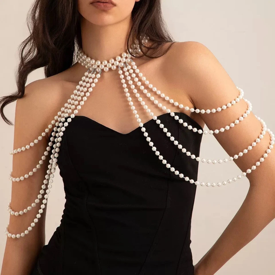 Beaded Shoulder Jewelry Pearl Necklace Shawl Body Chain Gown Match Wedding Party - Image 1 of 4