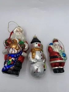 Vintage Glass Christmas Tree Ornaments Set Of 3. Santa And Snowman - Picture 1 of 10