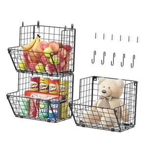 Metal Wire Basket Wall Mount, 3 Tier Wall Storage Organizer with 5 S Hooks, - Picture 1 of 7