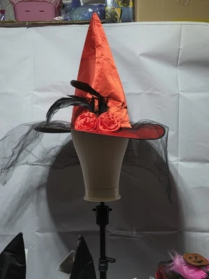 Red Witch Hat with Black Netting Veil, Roses and Feathers 16" Brim With 7.5" HC - Image 1 of 4