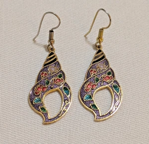 vintage cloisonné earrings seashell shape with flowers gold dangle pierced - Picture 1 of 5