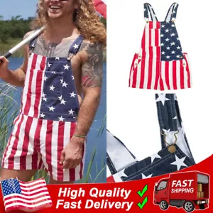 ON SALE!! Overalls USA America Flag Print Bib Pants Jumpsuit Romper Shorts 4XL - Picture 1 of 19