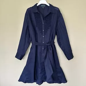 Lauren Ralph Lauren 20W 100% Linen Button Shirt Dress Navy Blue Ruffle Tie Front - Picture 1 of 10