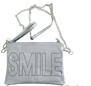 Bari Lynn Girl's Smile Emoji Sparkle Shoulder Crossbody Silver Wristlet Bag - Picture 1 of 7