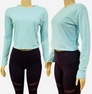Victorias Secret PINK Long Sleeve Crew Neck Crop Tee Top Blue New - Picture 1 of 2