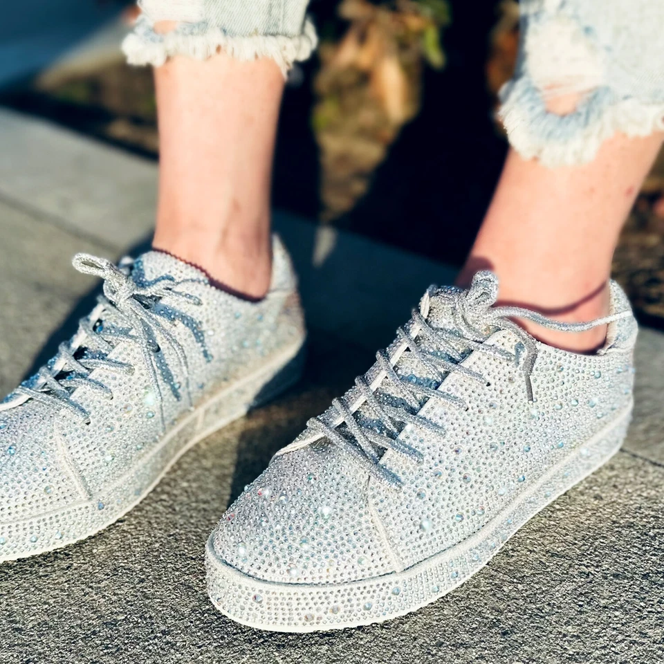 Новые женские блестящий со стразами кристалл украшенный шнурует вверх кроссовки плоская платформа - Изображение 1 из 1