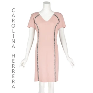 CAROLINA HERRERA Pink Wool Crepe Sheath Dress with Black & White Fringe SZ 12 - Picture 1 of 10