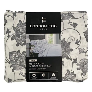 NEW 3PC London Fog TWIN Sheet Set White Gray Floral Pillowcases - Picture 1 of 6
