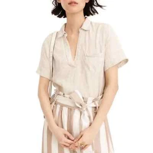 J. Crew V-Neck Popover 100% Linen Short Sleeve Shirt Neutral Tan Women’s Sz XXS - Picture 1 of 9