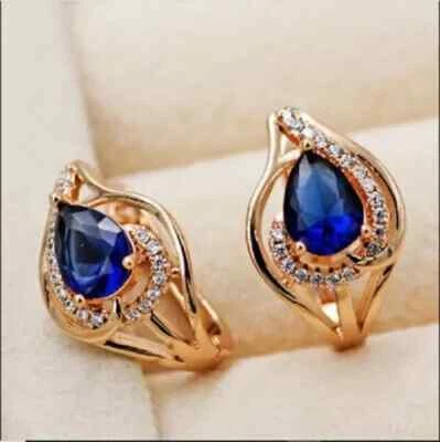 3.00Ct Lab-created Sapphire Diamond Women Hoop Earrings 14K Yellow Gold Finish - Image 1 of 3