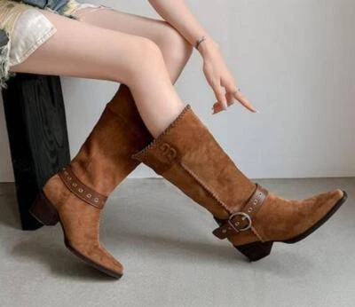 Fashion Women's Pointy Toe Block Heels Suede Knee High Boots Buckle Strap Shoes - Image 1 of 4
