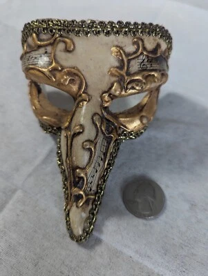 Italian Venetian Masqerade Mask  Long Nose Beak White Gold Music Notes  - Image 1 of 4
