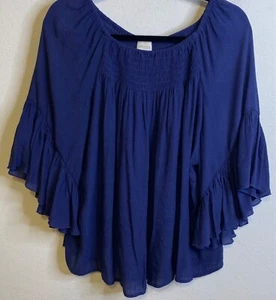 Chicos Top Women 2 LARGE Blue Ruffle Slub Bell 3/4 Sleeves Smocked Blouse - Picture 1 of 5