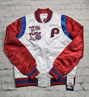 Jaqueta feminina Starter branca/vermelha Philadelphia Phillies Endzone L cetim encaixe completo - Imagem 1 de 4