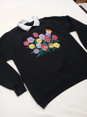 Vintage Grandma Flower Sweatshirt Black Collared - Image 1 of 4