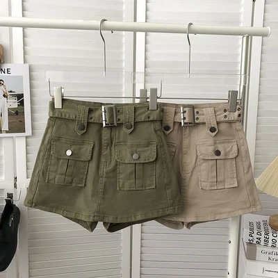 Summer Party Shorts Skirt Women's Ladies High Waisted Belted Cargo Pockets Skort - Image 1 of 4