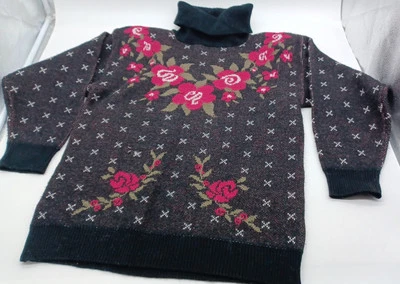 Suéter vintage años 80 cuello alto, rosa y negro. Sin etiqueta. D2029 Foto 1 de 4