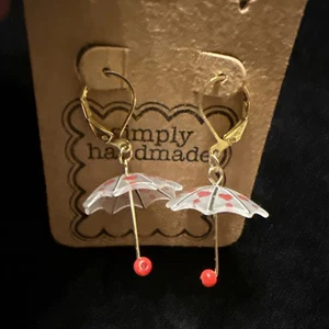 Simply Handmade 3/D Umbrella Earrings W/ Red Hearts Dangle (Lot# 383) - Picture 1 of 4