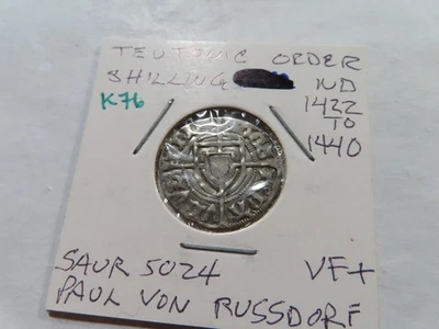 K76 Germany Teutonic Order Paul von Russdorf (1422-1440) AR Schilling VF+ - Image 1 of 2