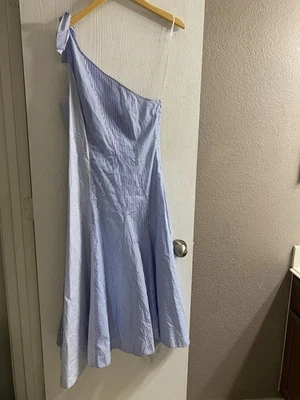 Theory Blue & White Striped One Shoulder Maxi Dress Women Sz 8 - Image 1 of 4