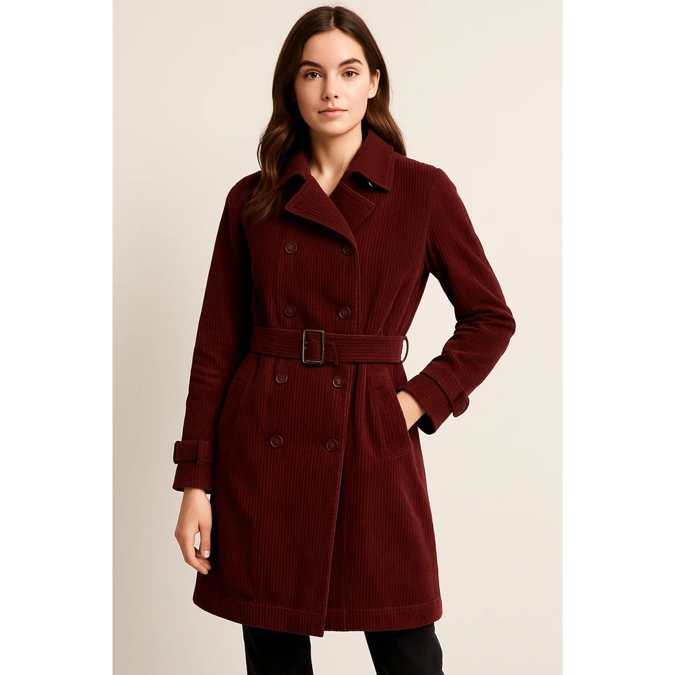 Trench coat feminino Gap Burgundy veludo com cinto médio Preppy vintage Y2K Momcore - Imagem 1 de 4
