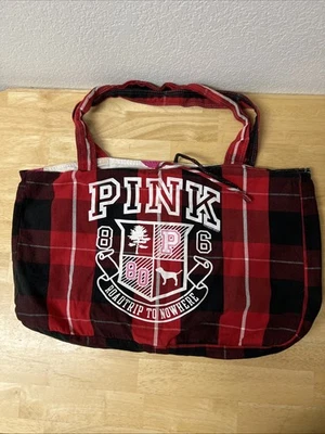 Victoria's Secret PINK Roadtrip to Nowhere cloth tote bag red and black plaid - Image 1 of 3