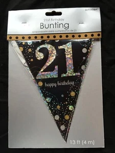 21o Cumpleaños Fiesta Estandarte Negro Plata Oro Fiesta Decoraciones Edad 21 Bunting - Imagen 1 de 3