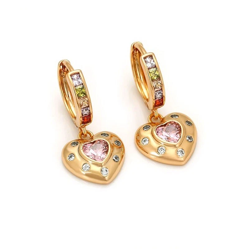 Pendientes de corazón de turmalina rosa de 25 mm de oro de 14 k sobre plata de ley 925 D386 Foto 1 de 4