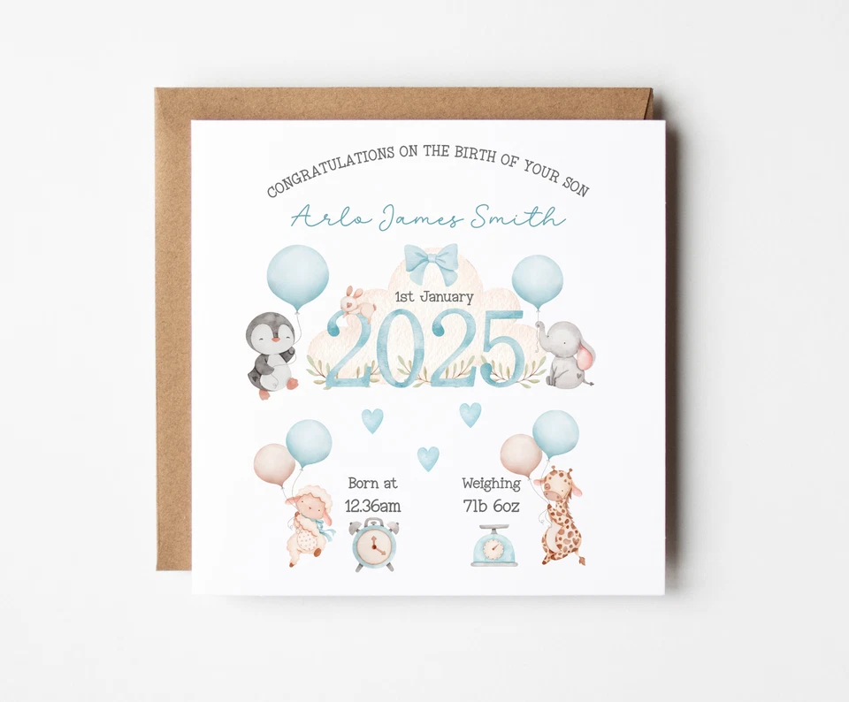 Personalised New Baby Boy Card Birth Details It's a Boy! Baby Arrival Son - Image 1 of 3