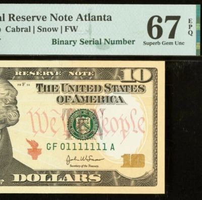 2004A $10 FRN PMG 67EPQ - Fancy Seven of a Kind Binary Serial Number 01111111 - Image 1 of 3