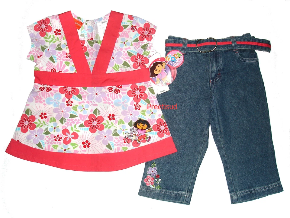 DORA THE EXPLORER ~SPRING FLORAL DENIM CAPRI SET~ GIRLS SZ 6 - Image 1 of 1