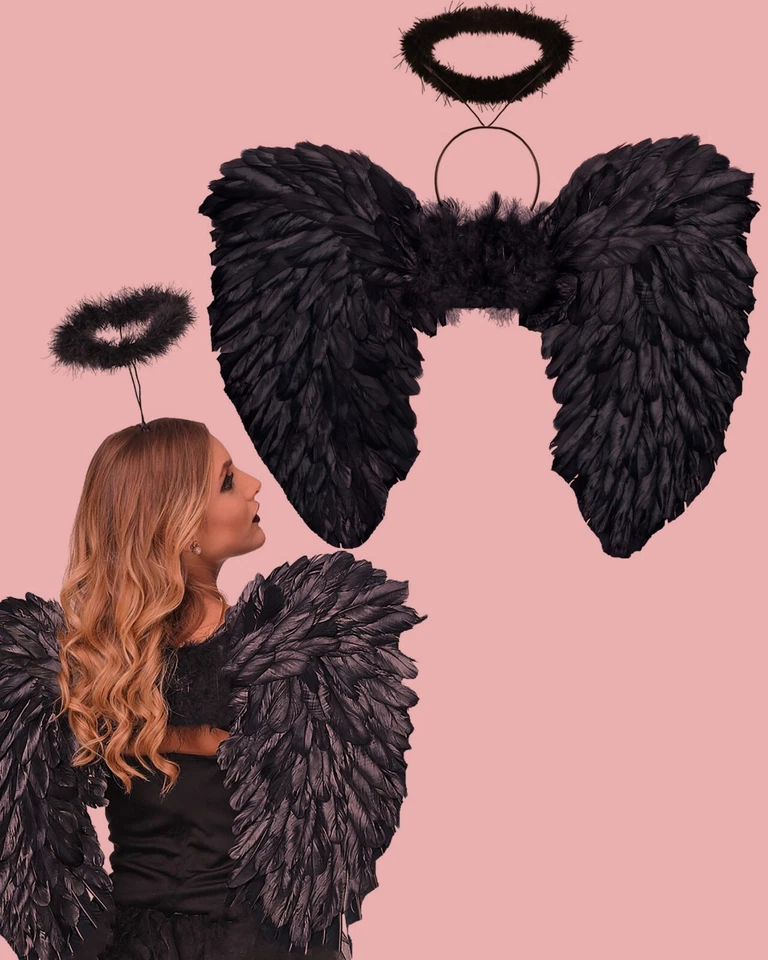 Halloween Pluma Negra Alas de Ángel, Halo Adulto Ángel Caído Disfraz Vestido Elegante Foto 1 de 1