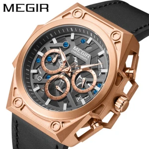 MEGIR Men Chronograph Watch Military Luxury Genuine Leather Business Wristwatch - Picture 1 of 15