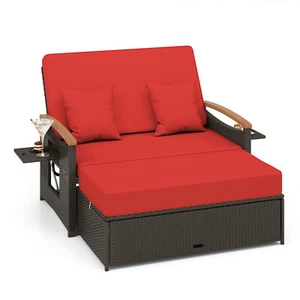 Patio Rattan Daybed Set w/Cushioned Loveseat & Storage Ottoman for Porch Red - Picture 1 of 10