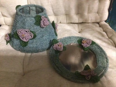 Abajur de sino vintage 2 peças contas de semente de vidro sombra turquesa e espelho combinando - Imagem 1 de 4