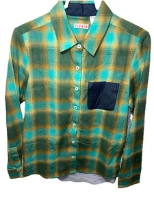 Tizzie Women’s  S Plaid/Stripe Shirt Teal Orange Yellow Blue White Preppy Read - Picture 1 of 9