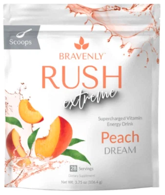 Bravenly RUSH EXTREME Vitamin Energy Drink Peach Dream 28 porciones en polvo NUEVO Foto 1 de 4