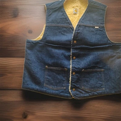 De Colección Años 70 Carhartt Para Hombres Grande Lavado Oscuro Denim Jean Sherpa Forrado Camionero Chaleco Chaqueta Foto 1 de 4