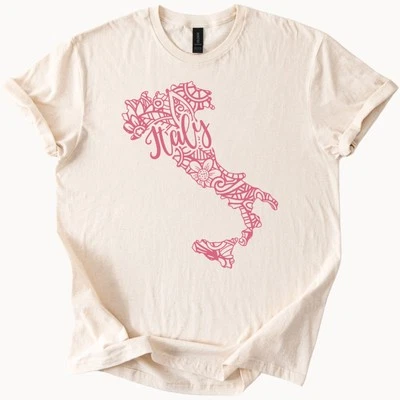 Camiseta Mapa Italia Rosa Floral Italiano Contorno Gráfico Camiseta Viaje Regalo Camisa Foto 1 de 4