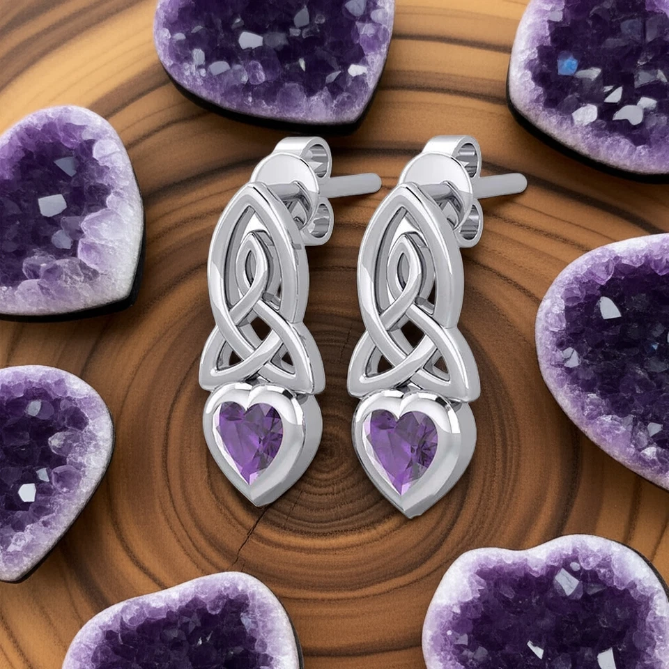 Celtic Knotwork Amethyst Heart Sterling Silver Post Earrings - Image 1 of 3