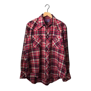 Vintage 80s PONDEROSA Flannel Shirt Red Plaid Wool Pearl Snap Western Bardon LG - Picture 1 of 8