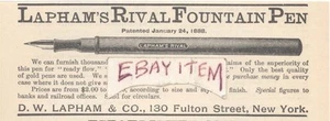 PLUMA ESTILOGRÁFICA TINTA 1888 D. W. LAPHAM & CO INSTRUMENTO DE ESCRITURA NUEVA YORK - Imagen 1 de 1
