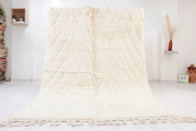 Alfombra marroquí hecha a mano, alfombra de salón Beni Ourain 5'x8', alfombra de lana suave marfil Foto 1 de 4