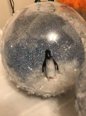 Handmade Christmas Penguin Snow globe Bauble,Tree Ornament,Glows In The Dark - Image 1 of 3