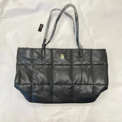 Victoria's Secret Quilted Tote Black Puffer Duffle Faux Leather Bag Weekender - Image 1 of 4