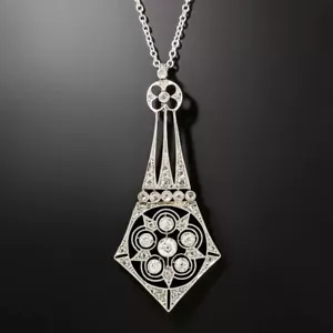 Ciondolo Diamante Stile Edoardiano Vintage Collana Lavaliere Argento Sterling 925 - Foto 1 di 5