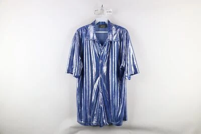 Vtg 90s Streetwear Mens L Striped EDM Dance Rave Short Sleeve Button Shirt USA - Image 1 of 4