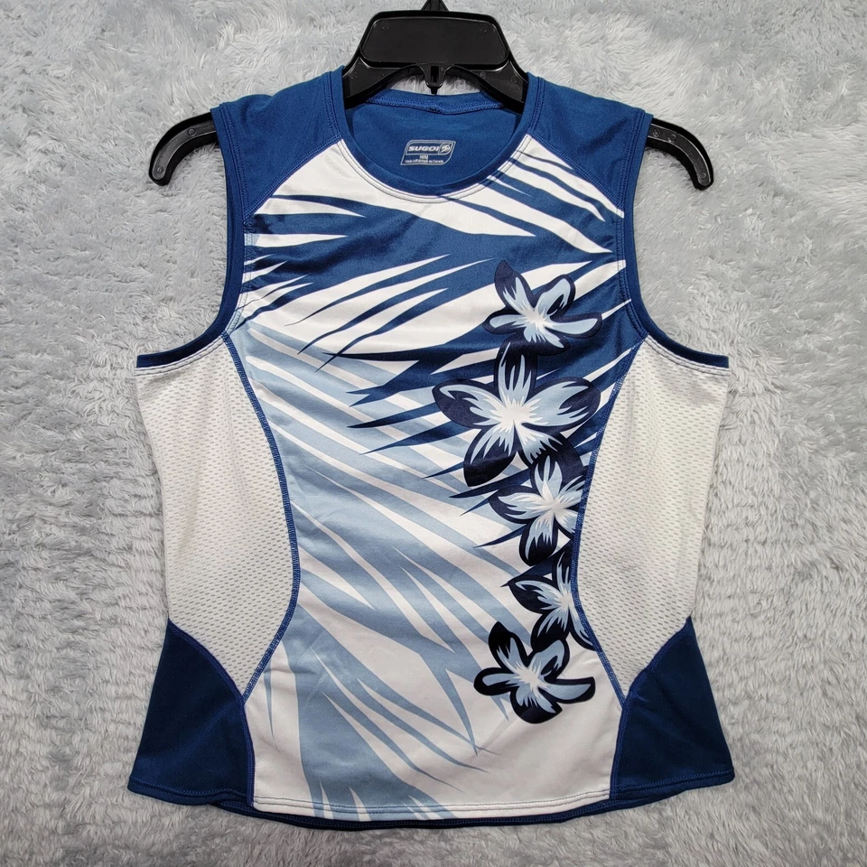 Camisa SUGOI feminina azul média floral sem mangas ciclismo roupa ativa - Imagem 1 de 4